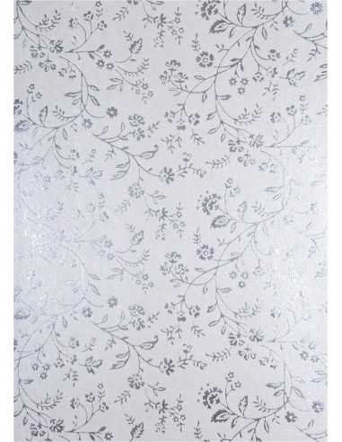 Papier décoratif métallisé blanc avec fleurs argentées (18x25cm) - 5 feuilles