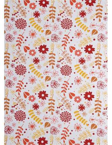 Papier décoratif rouge-orange motif fleurs et feuilles (18x25cm) - 5 feuilles