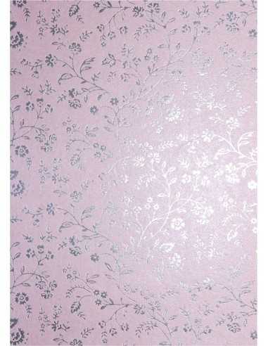 Papier décoratif métallisé rose avec fleurs argentées (56x76cm)