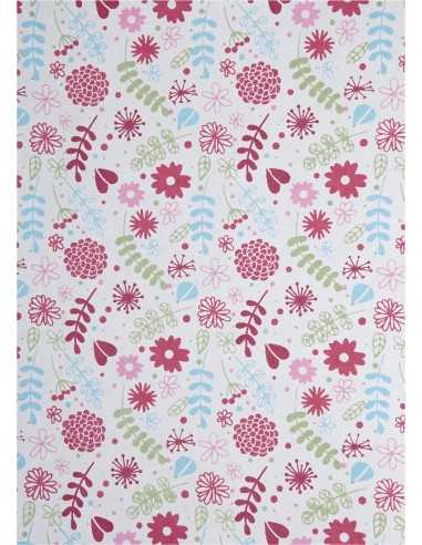 Papier décoratif bleu-rose motif fleurs et feuilles (56x76cm)