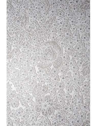 Papier décoratif en entoilage blanc avec fleurs et paillettes argentées (58x90cm)