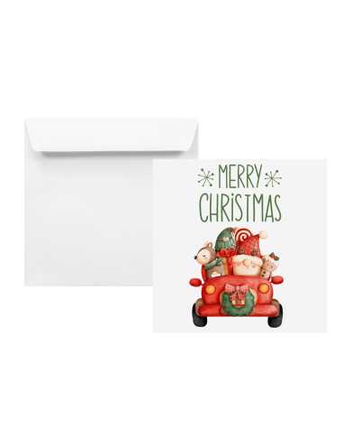 Enveloppe carrée avec impression de Noël (voiture) blanc (15,5x15,5cm) bande adhésive 100g